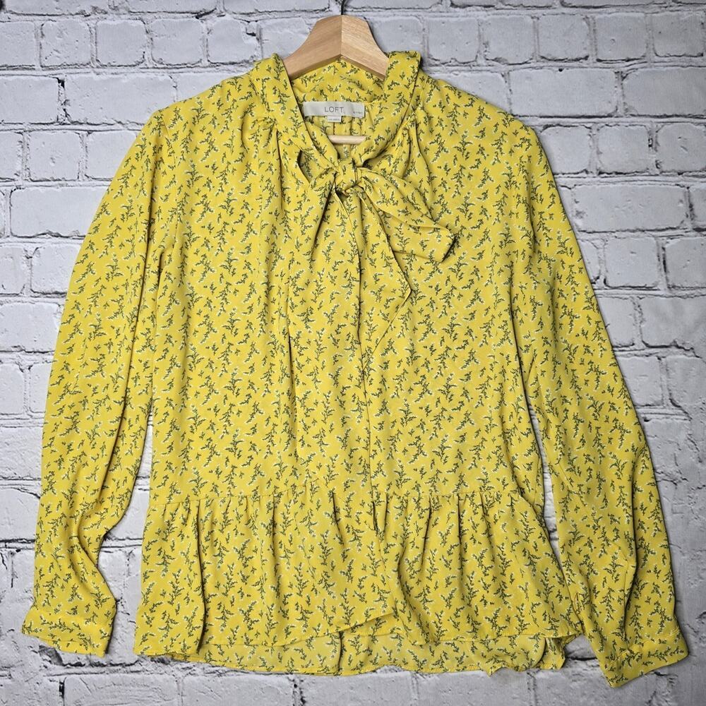 Loft Neck Tie Yellow Small Wildflower Floral Print Lightweight Blouse Size MP